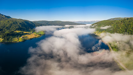 Image showing Aerial Beautiful Nature Norway over the clouds.