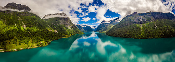 Image showing Panorama lovatnet lake Beautiful Nature Norway.