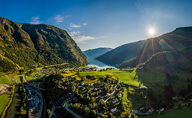 Image showing Aurlandsfjord Town Of Flam at dawn.