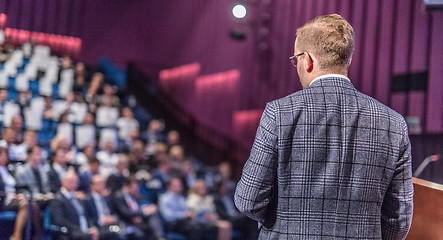 Image showing Public speaker giving talk at Business Event.