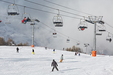 Image showing Skiing slopes, with many people