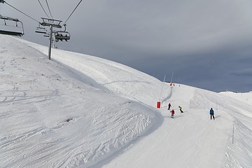 Image showing Skiing slopes with skiers