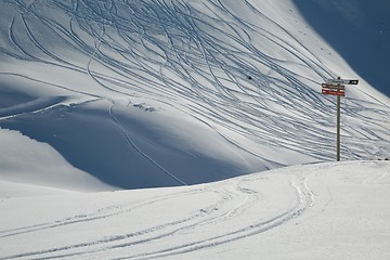 Image showing Skiing slopes, snowy Alpine landscape