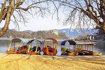 Image showing Traditional wooden boats on Lake Bled in Slovenia