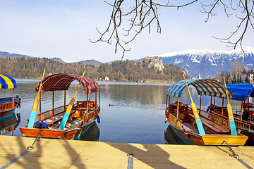 Image showing Traditional wooden boats on Lake Bled in Slovenia