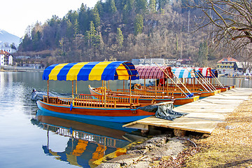 Image showing Traditional wooden boats on Lake Bled in Slovenia