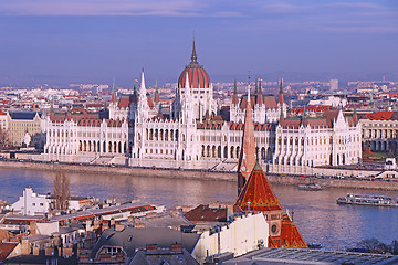 Image showing Panorama with building of Hungarian parliament at Danube river i