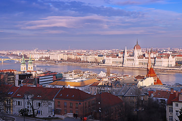 Image showing Panorama with building of Hungarian parliament at Danube river i