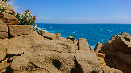 Image showing Beautiful azure sea and the rocky beach