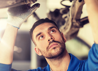 Image showing mechanic man or smith repairing car at workshop