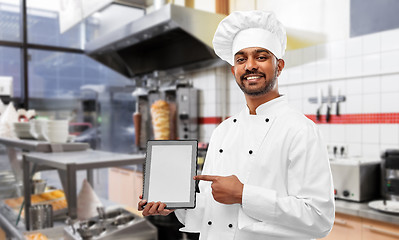 Image showing happy indian chef with tablet pc over kebab shop