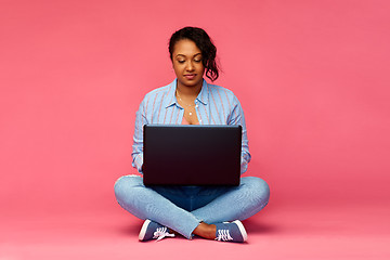 Image showing happy african american woman with laptop computer