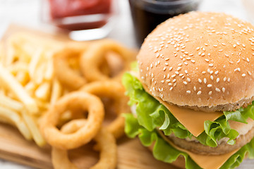 Image showing close up of hamburger and other fast food