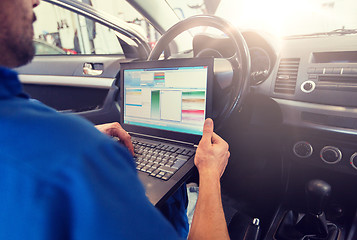 Image showing mechanic man with laptop making car diagnostic