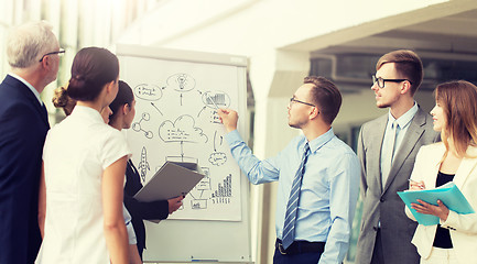 Image showing business team with scheme on flip chart at office