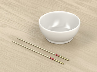 Image showing Empty bowl and wooden chopsticks