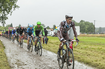 Image showing The Peloton on a Cobblestone Road - Tour de France 2014