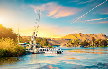 Image showing Moored sailboats in Aswan