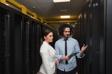 Image showing engineer showing working data center server room to female chief