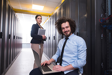 Image showing Team of young technicians working together on servers