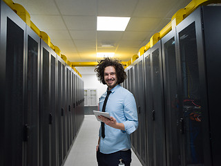 Image showing IT engineer working on a tablet computer in server room