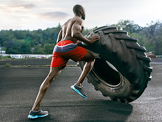 Image showing Handsome muscular man flipping big tire outdoor.