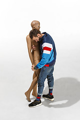 Image showing Fashion woman body. The man hugging mannequin, perfect woman dream concept