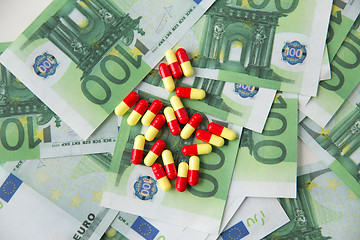 Image showing close up of pills or drugs and euro cash money