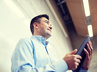 Image showing teacher or lector with tablet pc at lecture