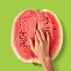 Image showing Woman\'s finger touch inside watermelon ripe juicy fruit.