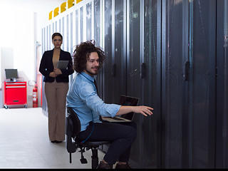 Image showing Team of young technicians working together on servers