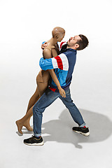 Image showing Fashion woman body. The man hugging mannequin, perfect woman dream concept