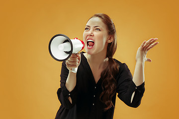 Image showing Woman making announcement with megaphone