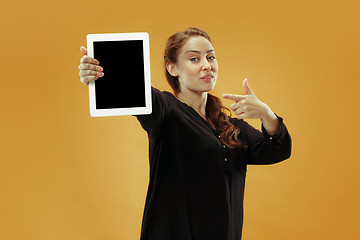 Image showing Portrait of a confident casual girl showing blank screen of laptop isolated over studio background