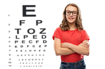 Image showing teenage girl in glasses over eye test chart