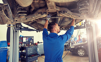 Image showing mechanic man or smith repairing car at workshop