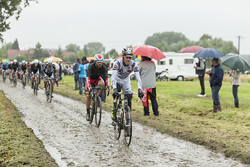 Image showing The Peloton on a Cobblestone Road - Tour de France 2014