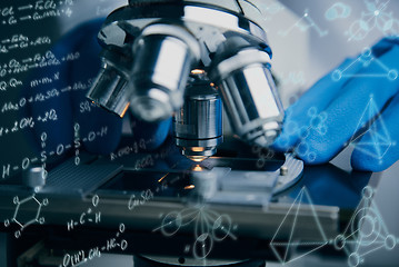 Image showing Close-up shot of microscope with metal lens at laboratory.