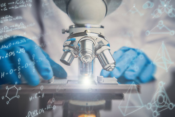 Image showing Close-up shot of microscope with metal lens at laboratory.