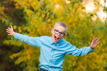 Image showing Funny funny boy happily squims and scares in the park