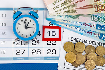 Image showing Wednesday\'s 15th, clock, Russian banknotes and coins