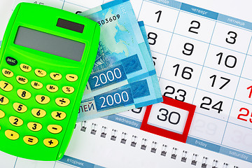 Image showing Calendar, Russian two-thousand bills, calculator