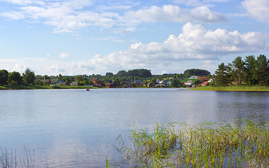 Image showing Village Landscape With Lake On A Sunny Day