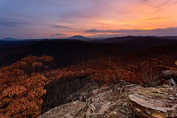 Image showing Sunset over charred landscape after bush fires in Australia