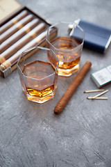 Image showing Carafe of Whiskey or brandy, glasses and box of finnest Cuban cigars