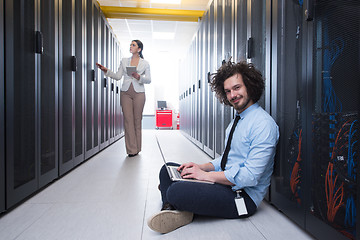 Image showing Team of young technicians working together on servers