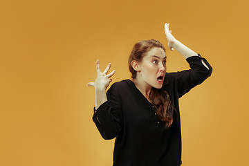 Image showing Beautiful female half-length portrait isolated on studio backgroud. The young emotional surprised woman