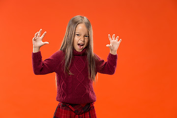 Image showing Portrait of angry teen girl on studio background