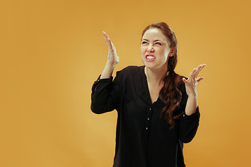 Image showing Beautiful female half-length portrait isolated on gold studio backgroud. The young emotional surprised woman