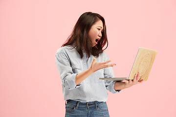 Image showing Businesswoman with laptop. Love to computer concept.